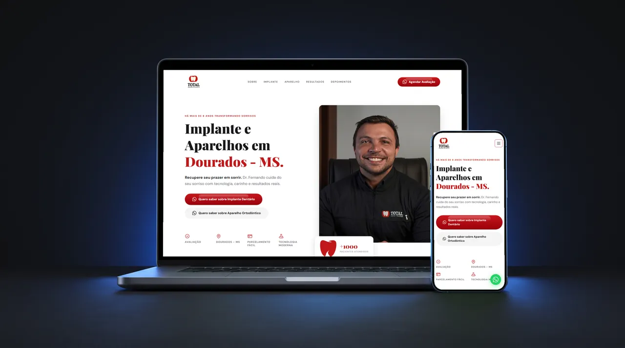 Site Clínica Total Odontologia exibido em notebook e celular