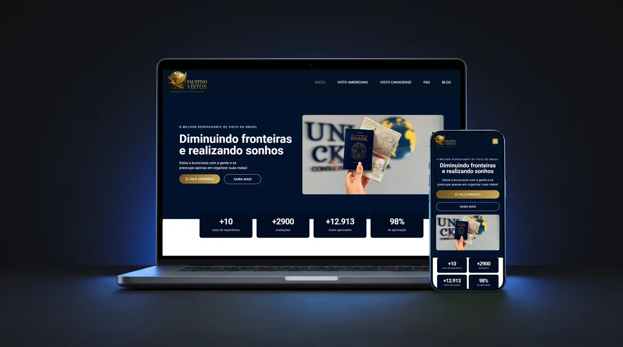Site Faustino Vistos exibido em notebook e celular