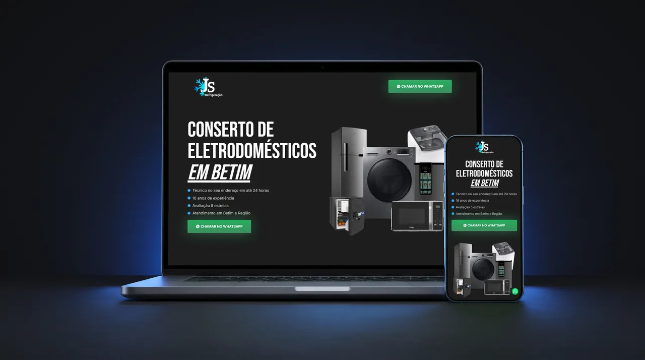 Site JS Refrigeração exibido em notebook e celular