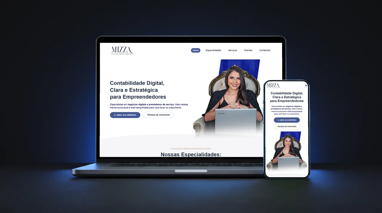 Site Mizza Contabilidade exibido em notebook e celular