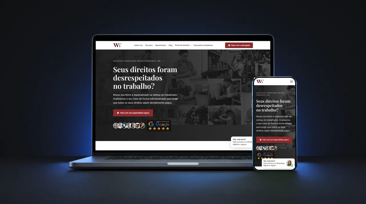 Site WV Advogados exibido em notebook e celular